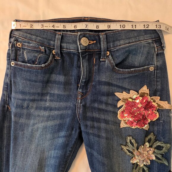 Express Women's Embroidered and Sequenced Mid-Rise Stretch Denim Leggings - Picture 7 of 9